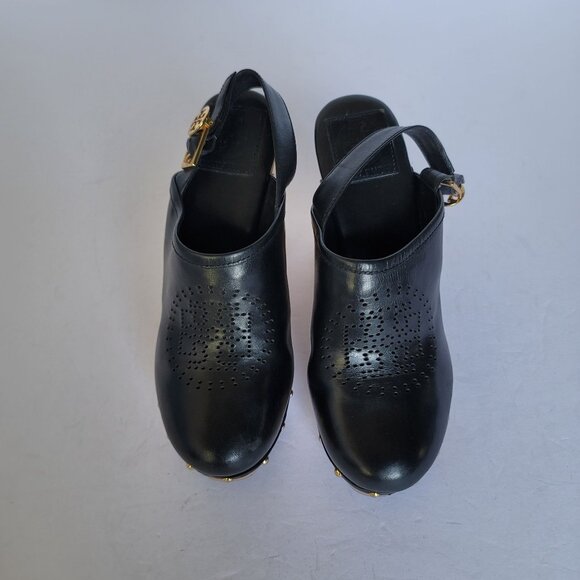 Tory Burch Brayden Perforated Leather Logo Slingback Wood Clogs. Size 7.5M - Picture 2 of 11